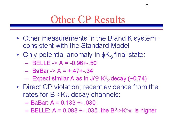 23 Other CP Results • Other measurements in the B and K system consistent 23 Other CP Results • Other measurements in the B and K system consistent