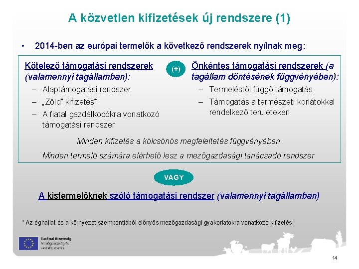 A közvetlen kifizetések új rendszere (1) • 2014 -ben az európai termelők a következő