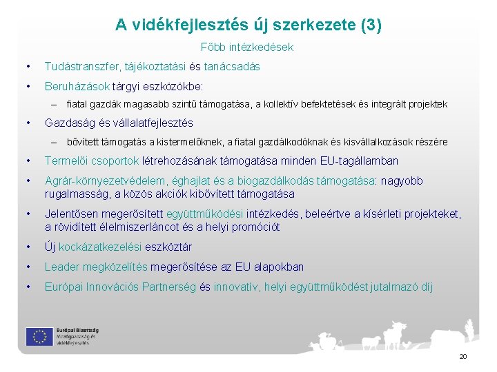 A vidékfejlesztés új szerkezete (3) Főbb intézkedések • Tudástranszfer, tájékoztatási és tanácsadás • Beruházások