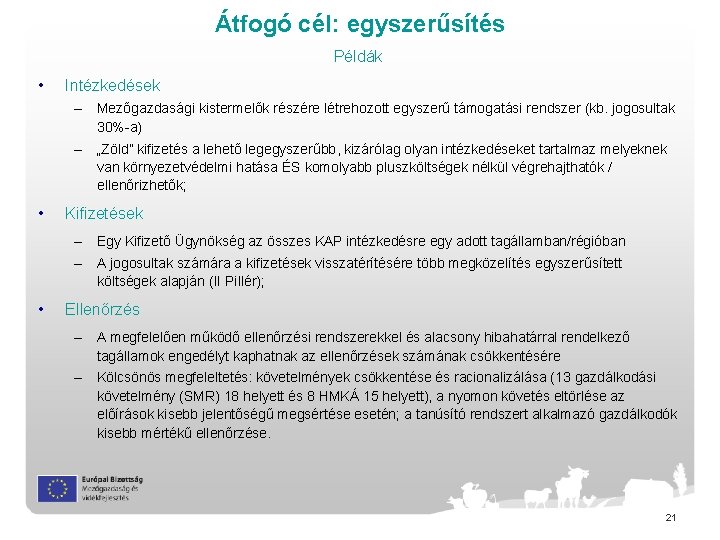 Átfogó cél: egyszerűsítés Példák • Intézkedések – Mezőgazdasági kistermelők részére létrehozott egyszerű támogatási rendszer