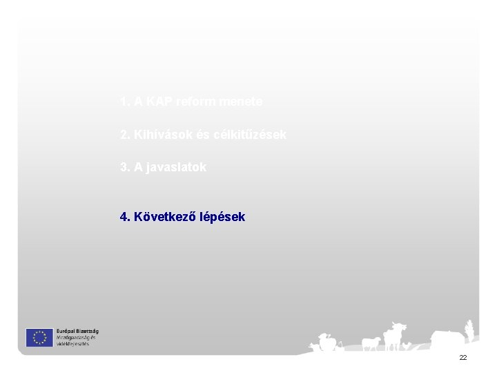 1. A KAP reform menete 2. Kihívások és célkitűzések 3. A javaslatok 4. Következő