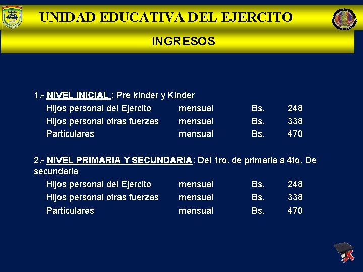 UNIDAD EDUCATIVA DEL EJERCITO INGRESOS 1. - NIVEL INICIAL : Pre kínder y Kínder