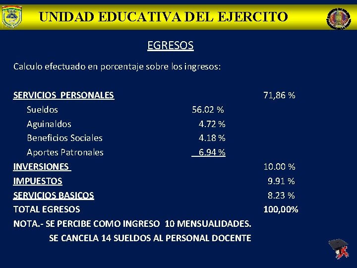 UNIDAD EDUCATIVA DEL EJERCITO EGRESOS Calculo efectuado en porcentaje sobre los ingresos: SERVICIOS PERSONALES