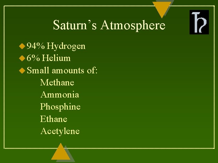 Saturn’s Atmosphere u 94% Hydrogen u 6% Helium u Small amounts of: Methane Ammonia