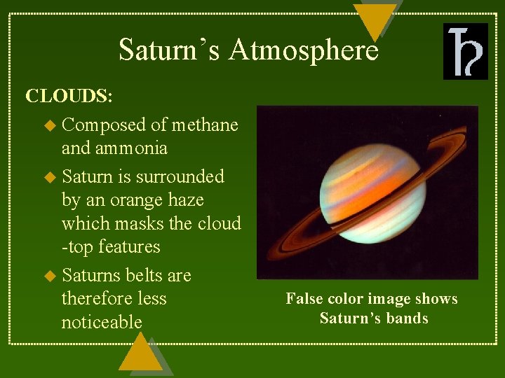 Saturn’s Atmosphere CLOUDS: u Composed of methane and ammonia u Saturn is surrounded by