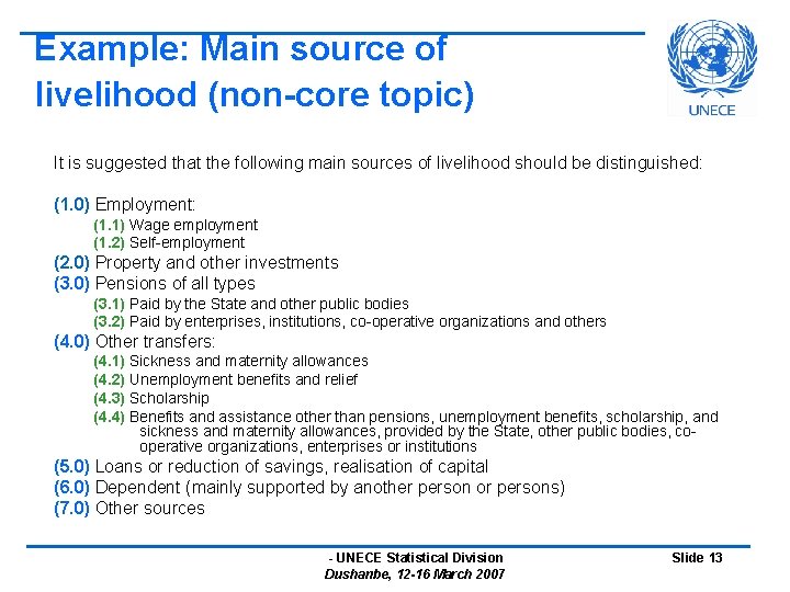 Example: Main source of livelihood (non-core topic) It is suggested that the following main
