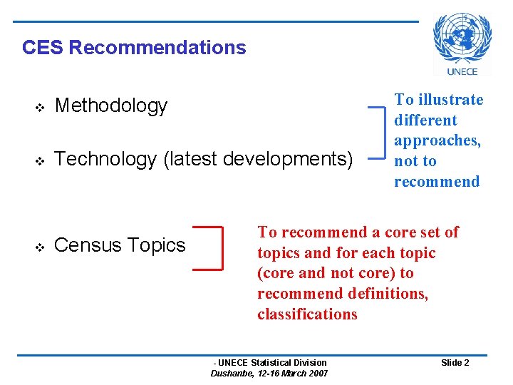 CES Recommendations v Methodology v Technology (latest developments) v Census Topics To illustrate different