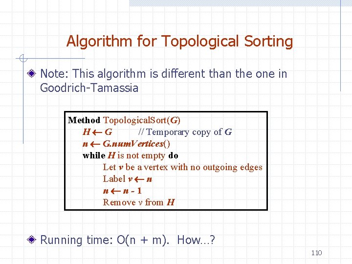 Algorithm for Topological Sorting Note: This algorithm is different than the one in Goodrich-Tamassia
