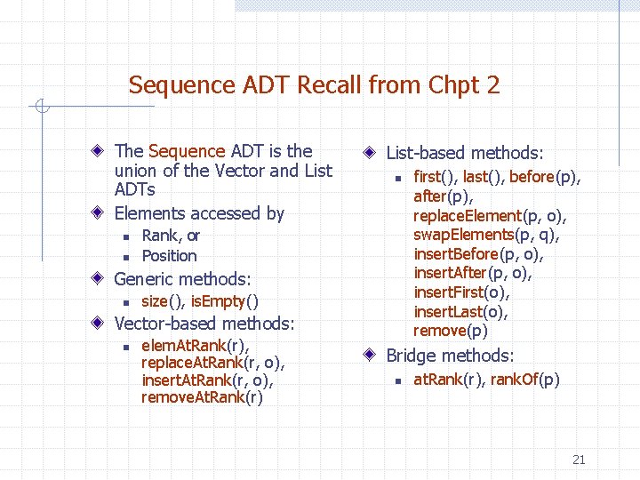 Sequence ADT Recall from Chpt 2 The Sequence ADT is the union of the