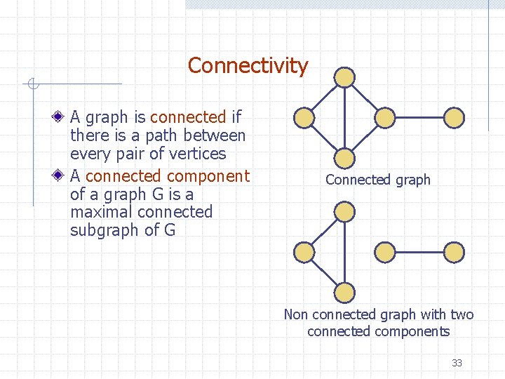 Connectivity A graph is connected if there is a path between every pair of