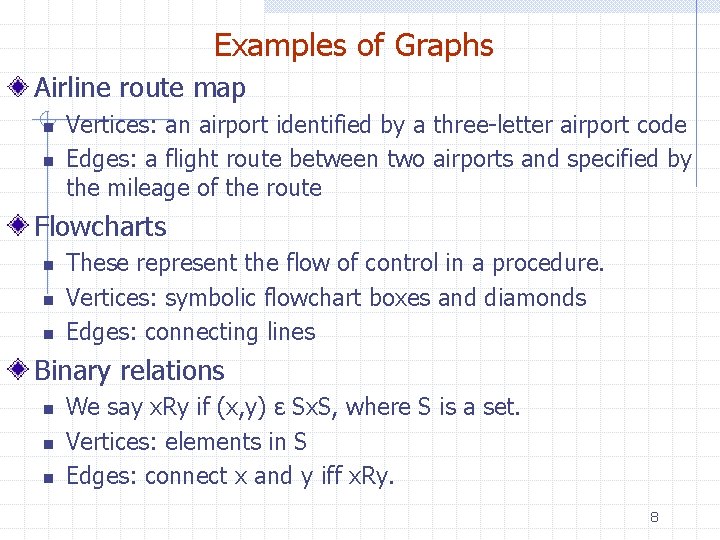 Examples of Graphs Airline route map n n Vertices: an airport identified by a