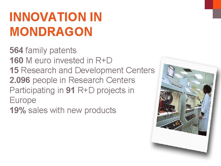 INNOVATION IN MONDRAGON 564 family patents 160 M euro invested in R+D 15 Research