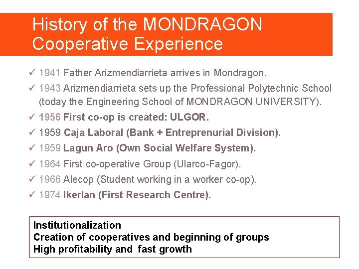 History of the MONDRAGON Cooperative Experience ü 1941 Father Arizmendiarrieta arrives in Mondragon. ü