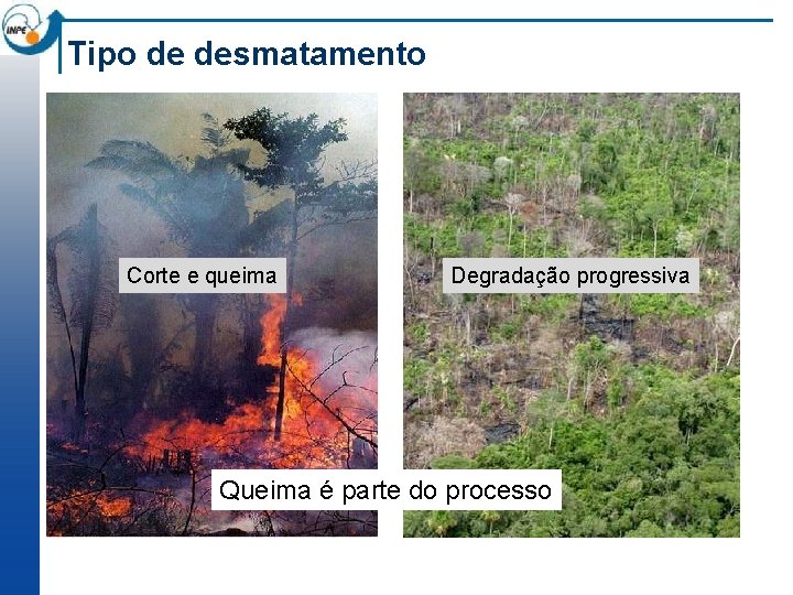 Tipo de desmatamento Corte e queima Degradação progressiva Queima é parte do processo 