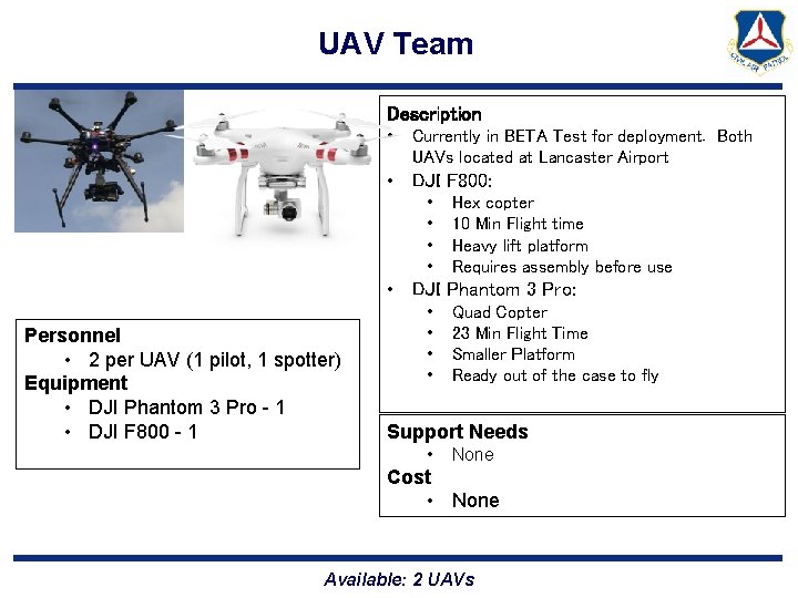 UAV Team Description • Currently in BETA Test for deployment. Both UAVs located at