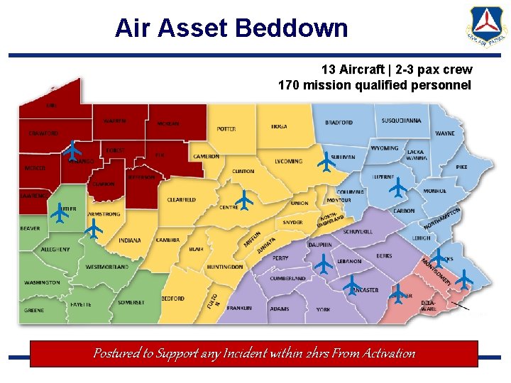 Air Asset Beddown 13 Aircraft | 2 -3 pax crew 170 mission qualified personnel