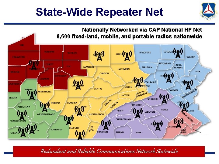State-Wide Repeater Net Nationally Networked via CAP National HF Net 9, 600 fixed-land, mobile,
