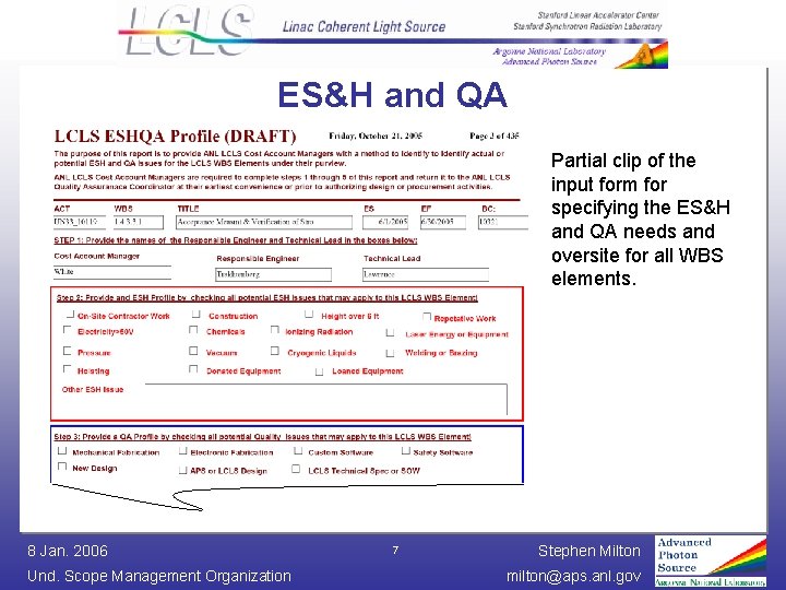 ES&H and QA Partial clip of the input form for specifying the ES&H and