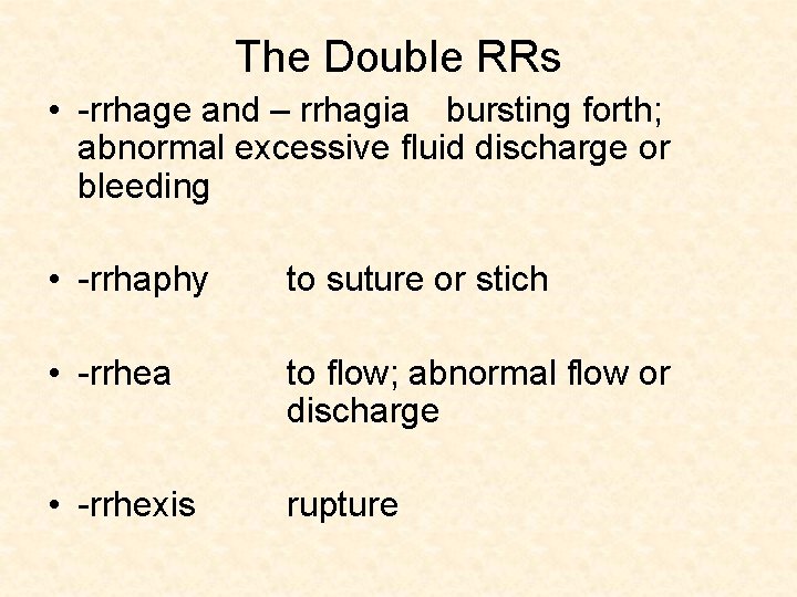 The Double RRs • -rrhage and – rrhagia bursting forth; abnormal excessive fluid discharge