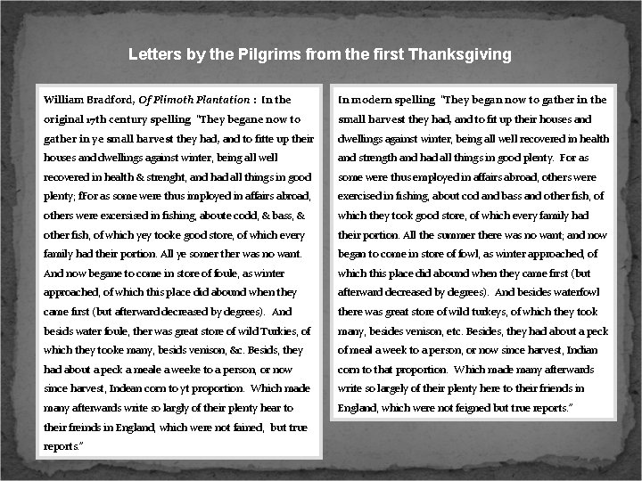 Letters by the Pilgrims from the first Thanksgiving William Bradford, Of Plimoth Plantation :