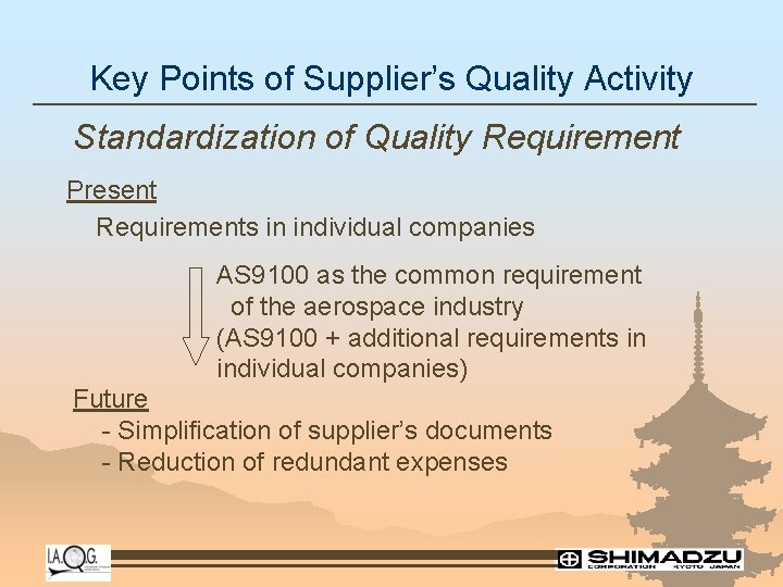 Key Points of Supplier’s Quality Activity Standardization of Quality Requirement Present Requirements in individual