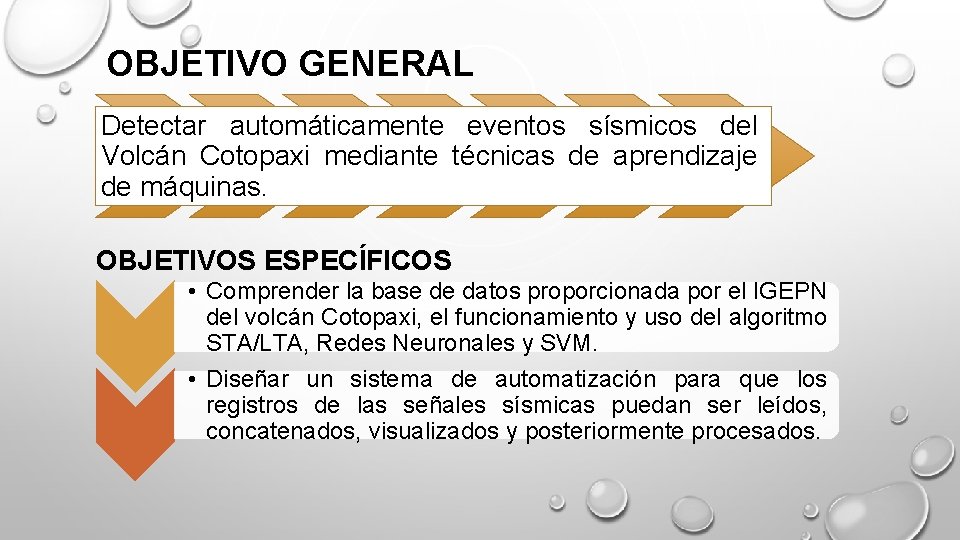 OBJETIVO GENERAL Detectar automáticamente eventos sísmicos del Volcán Cotopaxi mediante técnicas de aprendizaje de