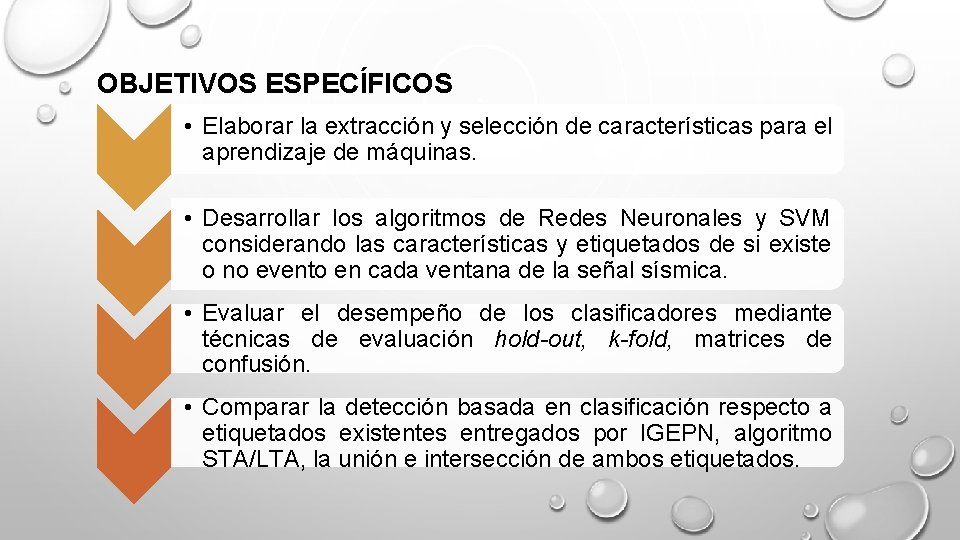 OBJETIVOS ESPECÍFICOS • Elaborar la extracción y selección de características para el aprendizaje de