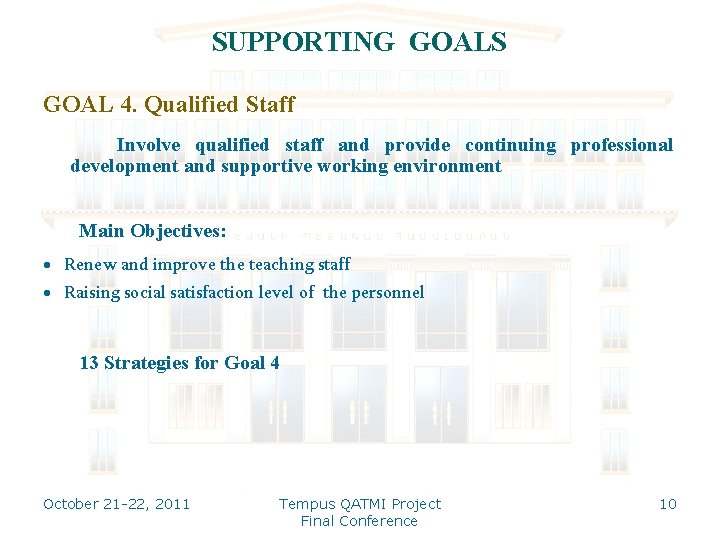 SUPPORTING GOALS GOAL 4. Qualified Staff Involve qualified staff and provide continuing professional development