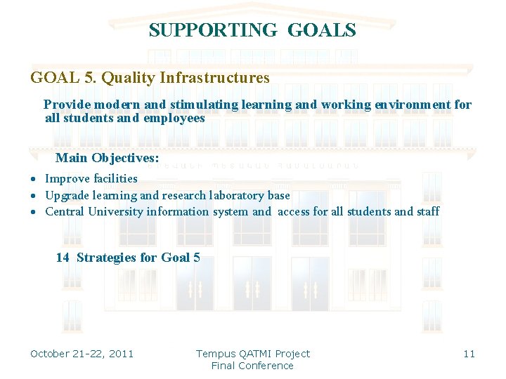 SUPPORTING GOALS GOAL 5. Quality Infrastructures Provide modern and stimulating learning and working environment