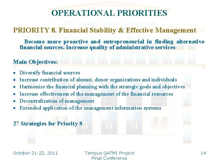 OPERATIONAL PRIORITIES PRIORITY 8. Financial Stability & Effective Management Become more proactive and entrepreneurial