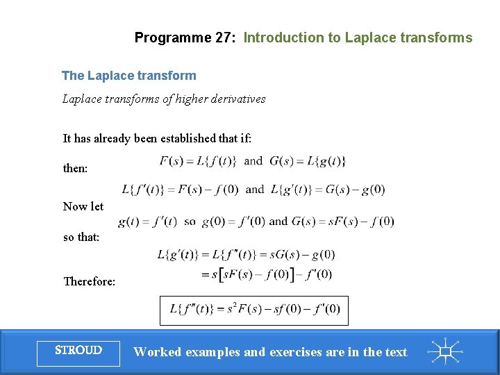 Programme 27: Introduction to Laplace transforms The Laplace transforms of higher derivatives It has Programme 27: Introduction to Laplace transforms The Laplace transforms of higher derivatives It has