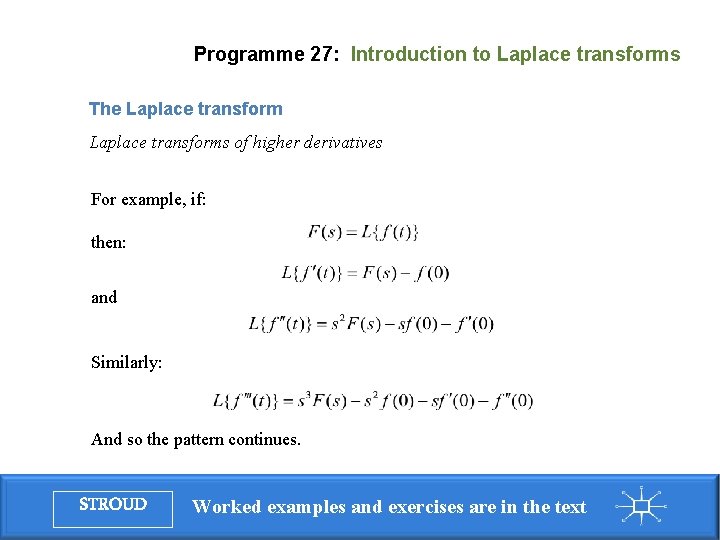 Programme 27: Introduction to Laplace transforms The Laplace transforms of higher derivatives For example, Programme 27: Introduction to Laplace transforms The Laplace transforms of higher derivatives For example,