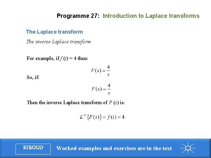Programme 27: Introduction to Laplace transforms The Laplace transform The inverse Laplace transform For Programme 27: Introduction to Laplace transforms The Laplace transform The inverse Laplace transform For