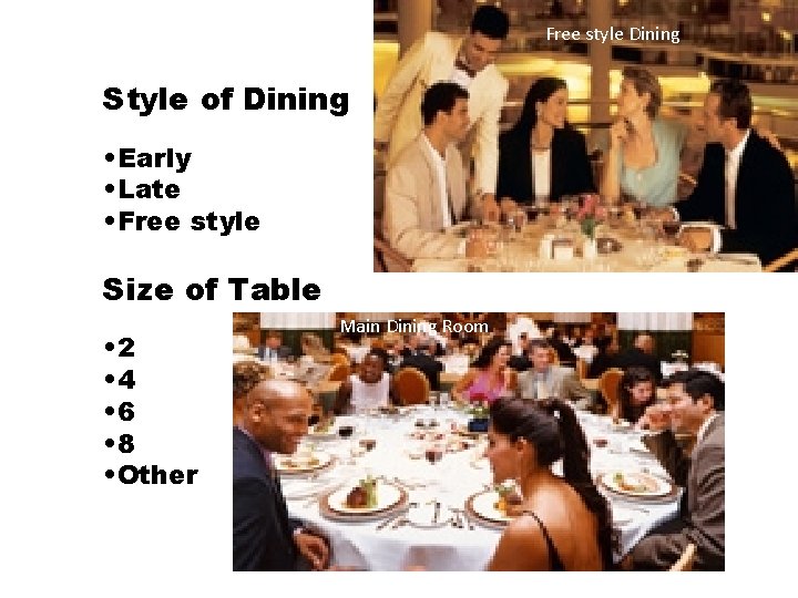 Free style Dining Style of Dining • Early • Late • Free style Size
