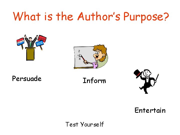 What is the Author’s Purpose? Persuade Inform Entertain Test Yourself 