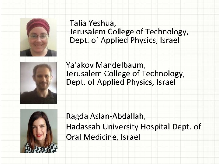 Talia Yeshua, Jerusalem College of Technology, Dept. of Applied Physics, Israel Ya’akov Mandelbaum, Jerusalem
