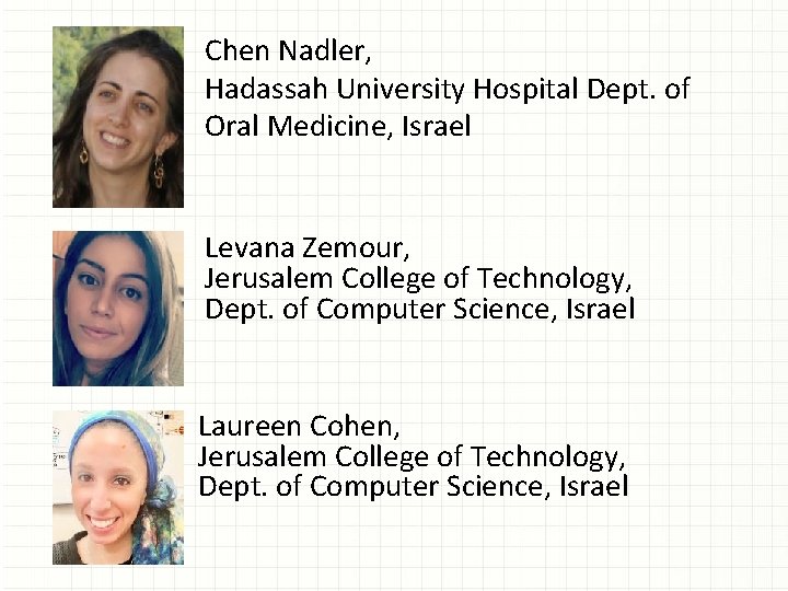 Chen Nadler, Hadassah University Hospital Dept. of Oral Medicine, Israel Levana Zemour, Jerusalem College