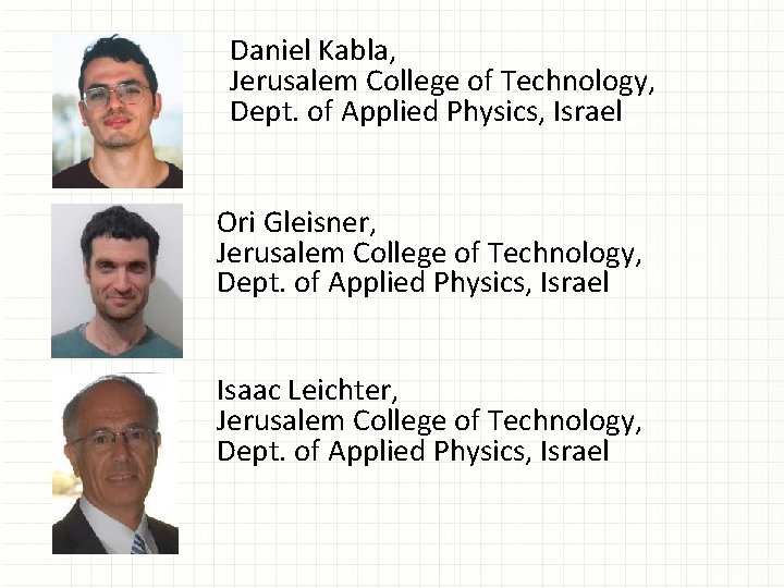 Daniel Kabla, Jerusalem College of Technology, Dept. of Applied Physics, Israel Ori Gleisner, Jerusalem