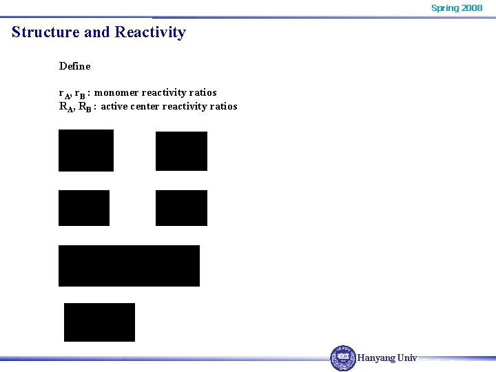 Spring 2008 Structure and Reactivity Define r. A, r. B : monomer reactivity ratios