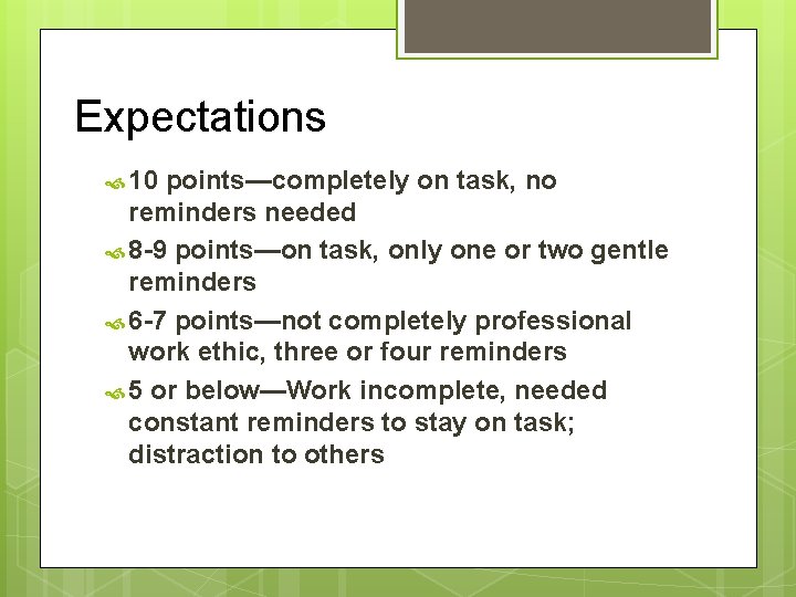 Expectations 10 points—completely on task, no reminders needed 8 -9 points—on task, only one