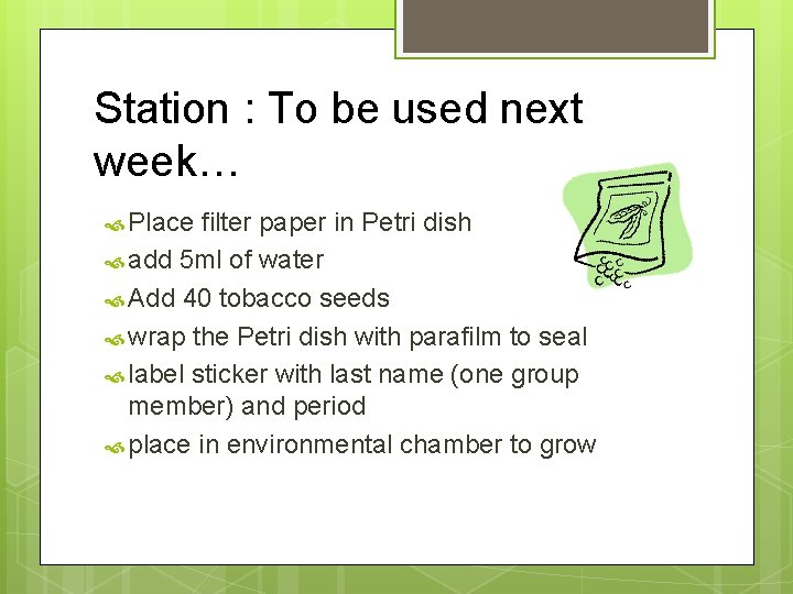 Station : To be used next week… Place filter paper in Petri dish add