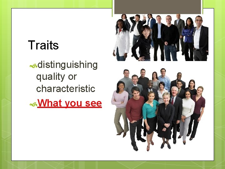 Traits distinguishing quality or characteristic What you see 