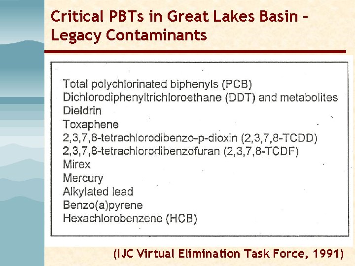 Critical PBTs in Great Lakes Basin – Legacy Contaminants (IJC Virtual Elimination Task Force, Critical PBTs in Great Lakes Basin – Legacy Contaminants (IJC Virtual Elimination Task Force,