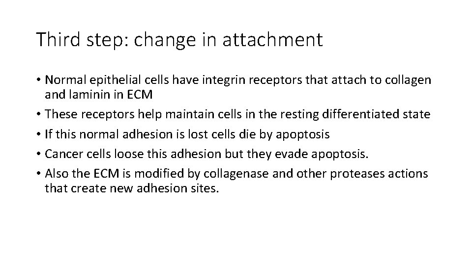 Third step: change in attachment • Normal epithelial cells have integrin receptors that attach