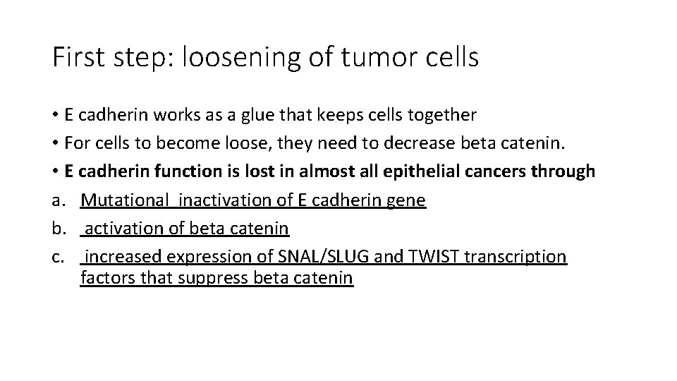 First step: loosening of tumor cells • E cadherin works as a glue that