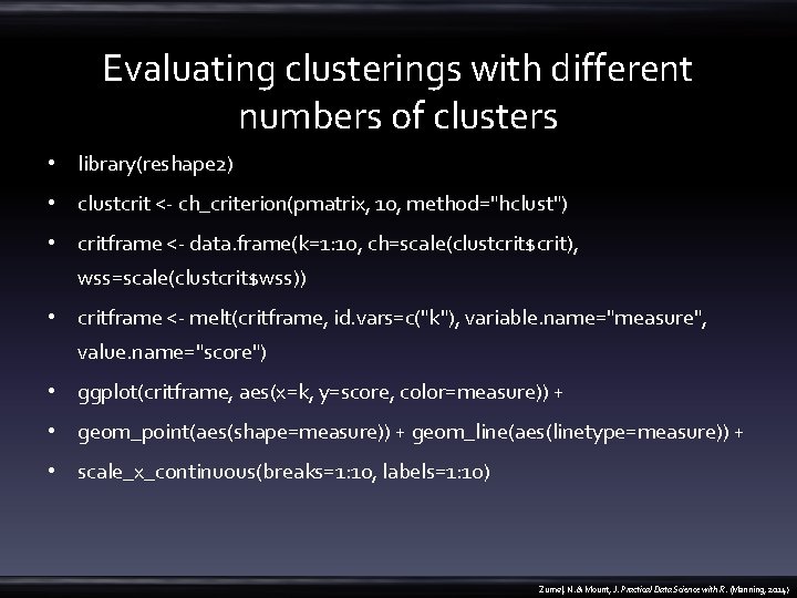 Evaluating clusterings with different numbers of clusters • library(reshape 2) • clustcrit <- ch_criterion(pmatrix,