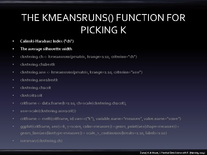 THE KMEANSRUNS() FUNCTION FOR PICKING K • Calinski-Harabasz Index ("ch”) • The average silhouette