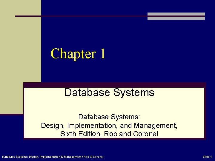 Chapter 1 Database Systems: Design, Implementation, and Management, Sixth Edition, Rob and Coronel Database