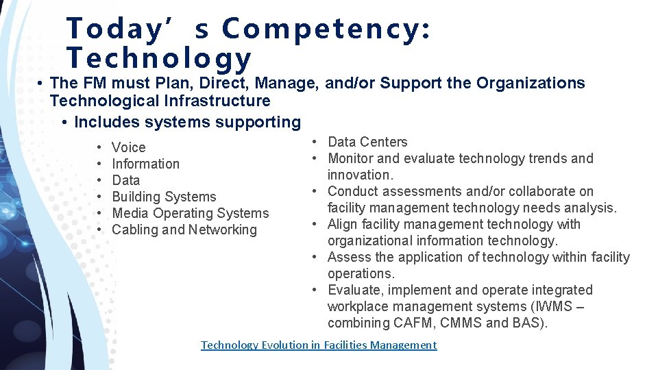 Today’s Compet ency: Technol ogy • The FM must Plan, Direct, Manage, and/or Support