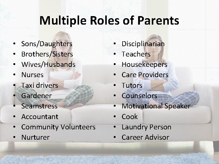 Multiple Roles of Parents • • • Sons/Daughters Brothers/Sisters Wives/Husbands Nurses Taxi drivers Gardener